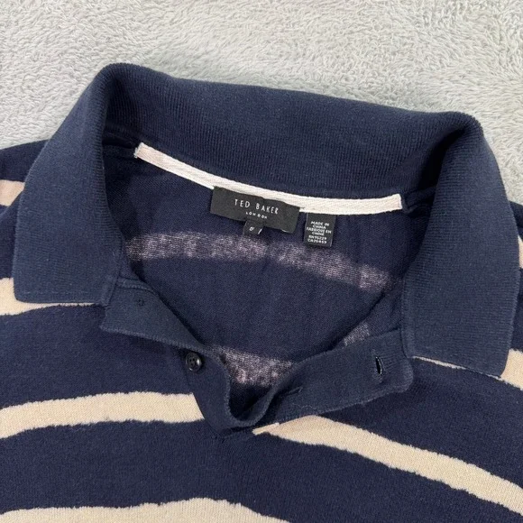 Ted Baker London Mens Size 5 XL Knit Polo Shirt Navy Blue Cream Striped Cotton - Picture 2 of 7